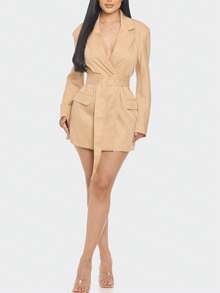 The Boss Pinstripe Blazer Dress  Striped  Plain    Elegant    Button Front  Belted  Pocket    Office - Màu be - Xem 4