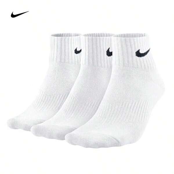 Nike 3 Pairs Nike Sports Socks, Unisex Mid-Calf Cotton Socks, White Quick-Dry Moisture-Wicking Non-Slip Basketball Running Training Socks SX7677-100