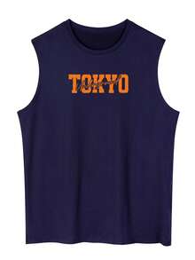 Men's Casual Crew Neck Letter & Heart Graphic Tank Top, 2000s Style - Navy Blue - View 3