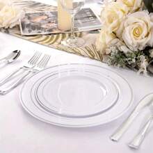 2/10/20/30/40/50pcs/Pack White Rimmed Plates, Salad Plates, Reusable And Suitable For Home, Outdoor, Wedding, Party, Summer Dining Events,School Supplies
