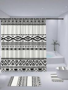 1 件波西米亚风格几何图案印花浴帘套装，防水涤纶面料，简约家居装饰，包含 12 个挂钩、马桶盖套、U 型垫、浴室防滑垫，开学季适用