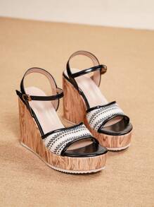 Women's Platform Wedge Sandals, Ladies Thick Bottom Casual Shoes, Hemp Rope Slide Sandals, Suitable For All Seasons, Vacation, Party, Leisure, Beach, Bohemian Style Wood Grain Design, Elegant Beach Resort
