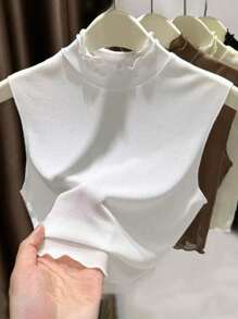 1pc Women's Slim Fit Sleeveless Knit Top With Double Ruffle Hem & Detachable Collar