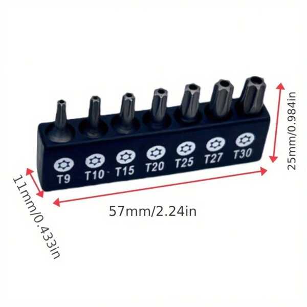 7-Piece Alloy Steel T-Type Screwdriver Bit Set With 1/4" Hexagonal Shank T9-T30 Torx Bits For Electric Screwdrivers, 25mm Durable Black Tool Accessories For Automotive And Electronic Repair