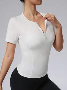 Camiseta deportiva para mujer con cremallera delantera, camiseta ajustada y elástica para fitness, yoga y running de manga corta