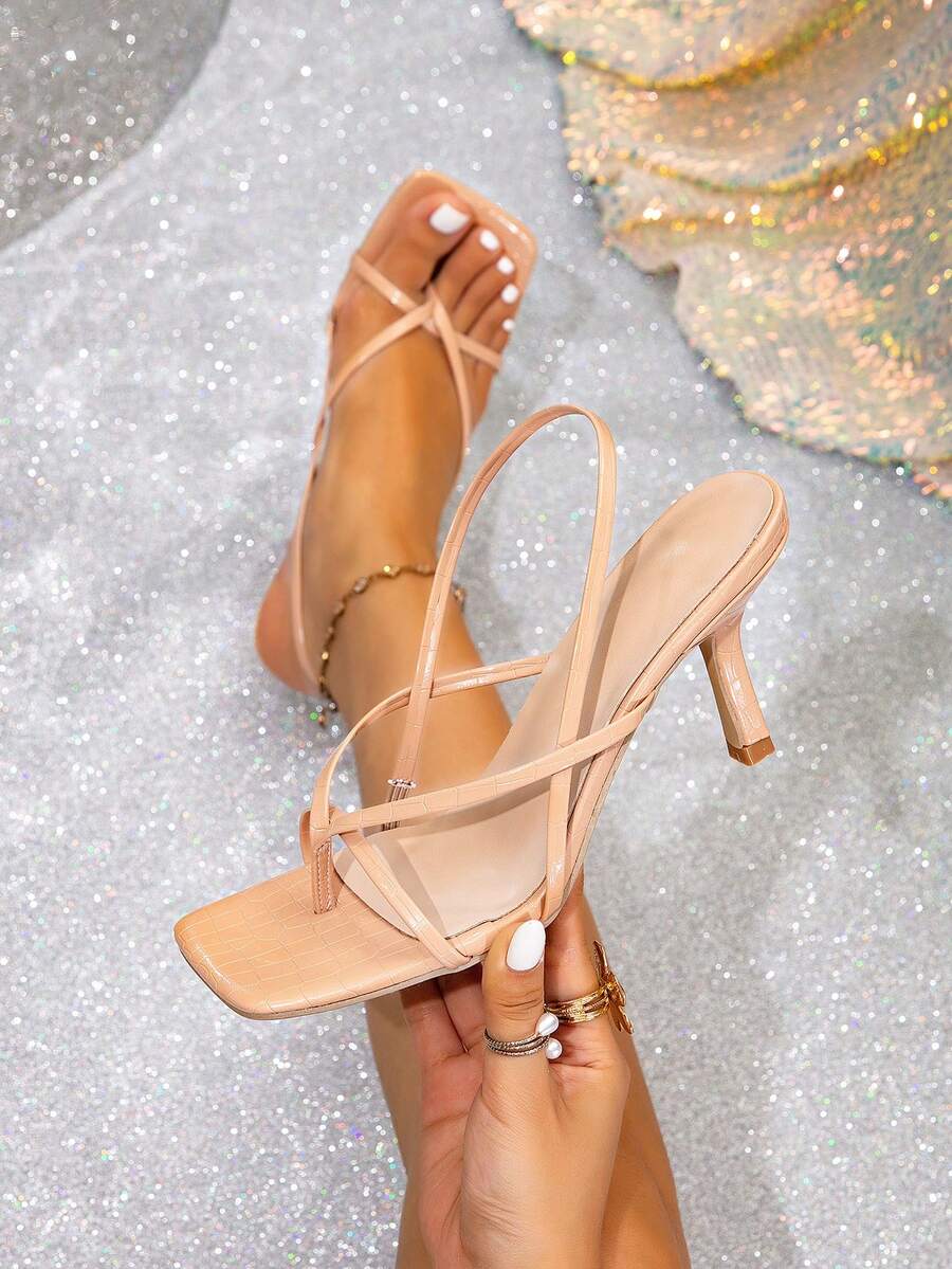Sandali infradito con tacco a spillo e punta quadrata, eleganti, da donna, per l'estate - Albicocca - Visualizzare 1