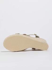 Sandalias de plataforma y tacón de bloque de paja doradas con cruzado versátil y elegante para vacaciones y fiestas - Dorado - Ver 8