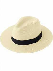 1 pièce Chapeau de paille panama à large bord unisexe, chapeau de plage, chapeau de soleil, chapeau habillé, chapeau fedora