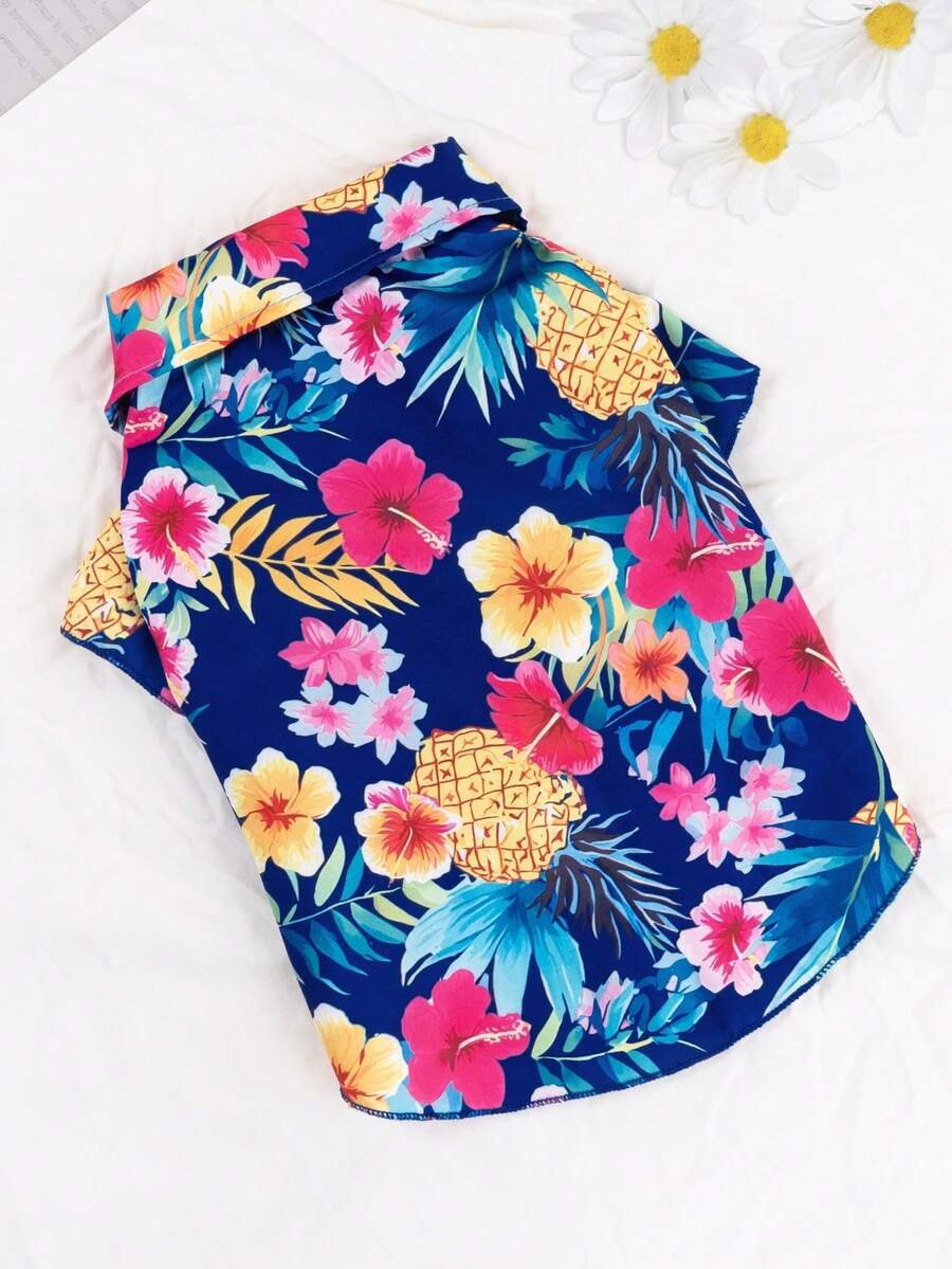 LUCKIE LABO 1pc Pineapple & Hibiscus Tropical Print Pet Shirt, Suit For Indoor/Outdoor Wear For Cats & Dogs - Multicolor - View 1