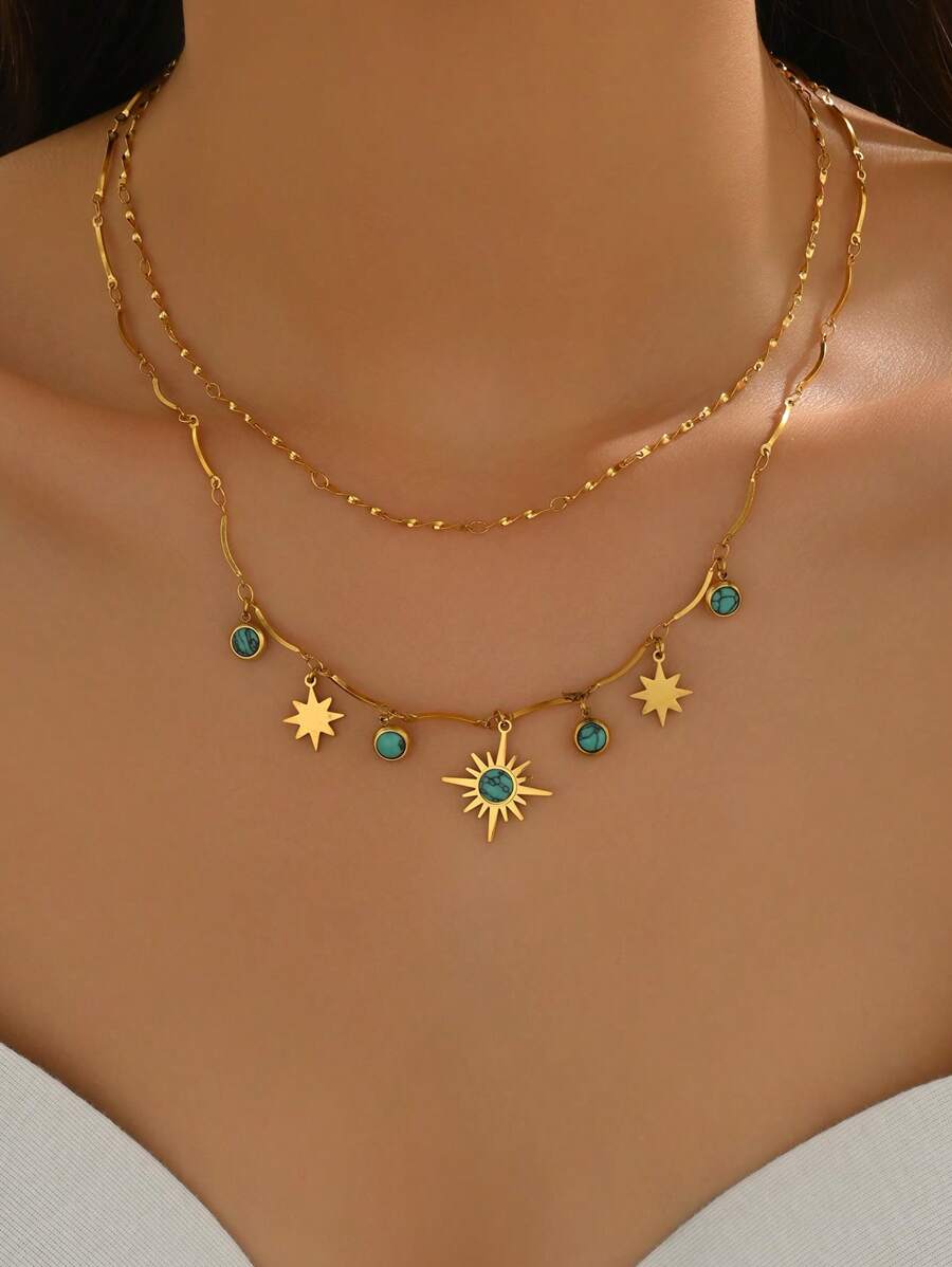 1 pieza Collar de acero inoxidable premium de mujer de doble capa en forma de octágono, de moda y versátil para uso diario