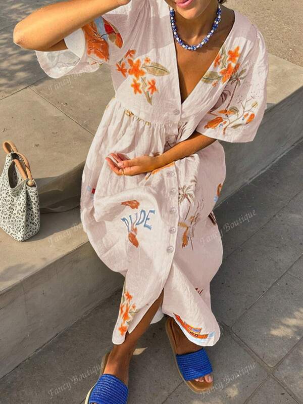 Plus Size V-Neck Casual Dress With Button Closure, Floral/Letter/Animal Print, Suitable For Spring/Summer, Office, Vacation, Retro, Minimalist