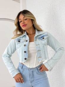 Women's Denim Jacket Simple Boho Jeans Button Jacket - 霧霾藍 - 查看 1