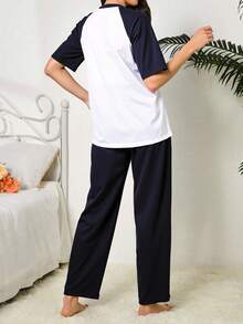 Conjunto de pijama de dos piezas para mujer, de algodón puro, con mangas raglán, color contrastante, cómodo y holgado, para el hogar - Blanco y Negro - Ver 2