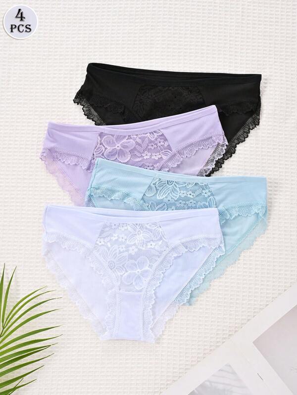 4 Pieces Of Women's Underwear With Multi Colored Lace, Lace, Ribbed Polyester Underwear