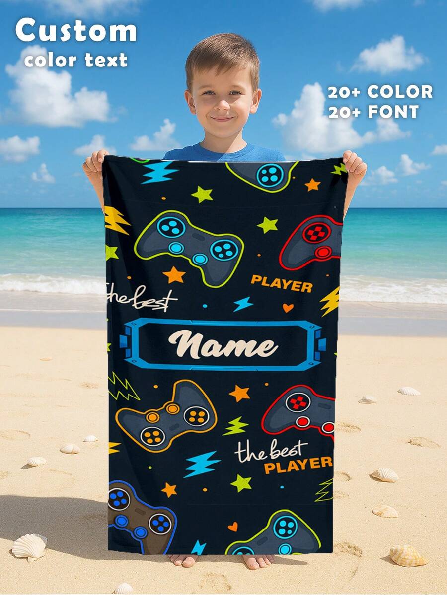 1pc Customized Name Ocean Beach Towel, Personalized Children's Beach Towel, Summer Kids Birthday Gift, Customized Name Beach Towel, Unisex Beach Towel For Boys And Girls, Suitable For Outdoor Beach Trips, Swimming, Fitness, Yoga And Other Occasions, Beach Accessories, Customized Beach Towel For Friends, Multiple Sizes Available, Multi-Functional, Highly Decorative, Letter Pattern, Fashionable And Modern, Colorful, Cute And Casual, Customizable, Personalized, Unique, Ideal Gift For Him, Ideal Gift For Her - Style 1 - View 1