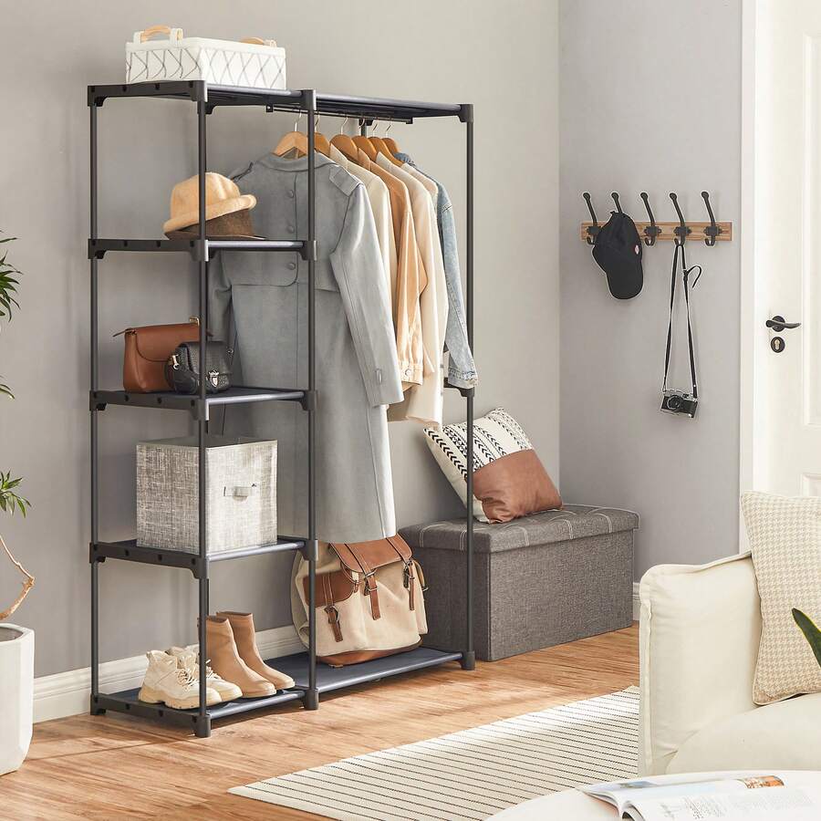 Armoire de Rangement, Penderie Pliable, Dressing, Armoire Métallique, avec Barres de Suspension, Porte-vêtements, pour Vestiaire, Chambre, 112 x 43 x 165 cm/138 x 43 x 182 cm/124 x 43 x 182 cm/205 x 43 x 166 cm/151 x 43 x 166 cm/182 x 43 x 182 cm, Gris - Gris - Voir 1