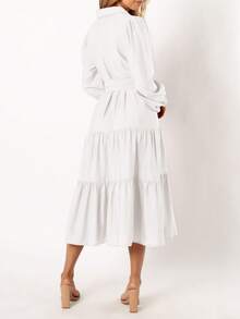 Women's Dresses Long Sleeve Dresses Casual V Neck Tie Button Down Flutter Tie Waist Shirt Dresses - 白色 - 查看 2