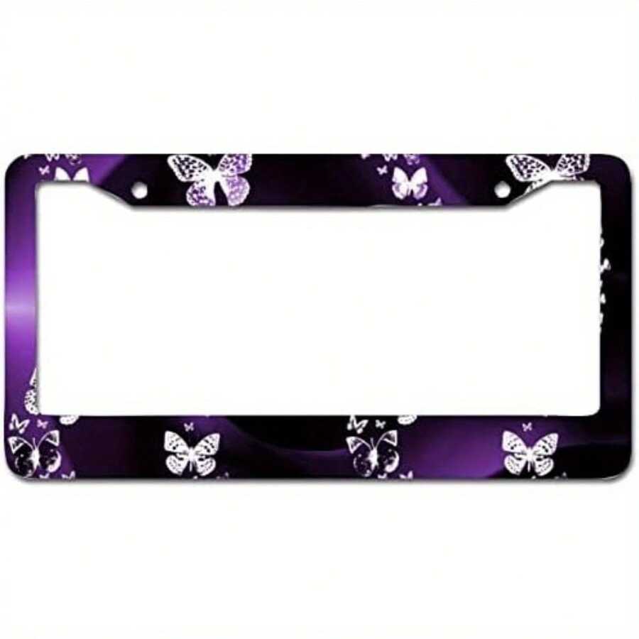 12"X6" Chrome Metal Purple Butterfly Swirl Car License Plate Frame - Universal Auto License Plate Tag Holder Frame Cover - Variant1 - View 1