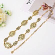 Corrente de Cintura de Metal Prateado Fashionable & Versátil para Mulheres com Incrustação de Pedra Esculpida em Flor, Cinto de Corrente Vintage Gravado, Acessório