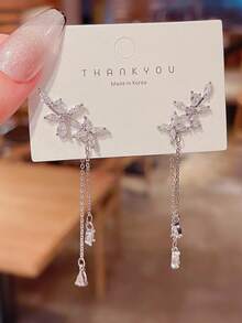 1件装奢华锆石花朵流苏耳环，韩式优雅女士耳环，情人节高端礼物配饰 - 彩色 - 查看 3