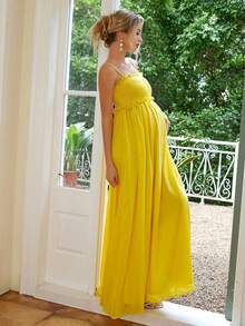 Joyfunear Váy bầu xếp ly viền trơn màu không tay, mùa hè - Màu vàng - Xem 6