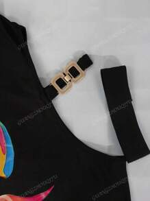 2025 Neuankömmling Damen Lässig Metall-Schnallen Schräg Schulter Muster Locker Sitz T-Shirt für den täglichen Gebrauch, Sommer