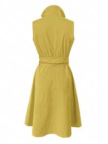 Women's Sleeveless Solid Color Stand Collar Wrap Tie Waist Pockets Dress, Elegant Commuter Style, Spring/Summer - Màu vàng - Xem 6