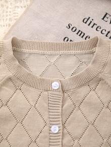 Girls Diamond Plaid Openwork Knitted Cardigan, Round Neck, Casual Wear For Spring/Autumn - 卡其色 - 查看 2
