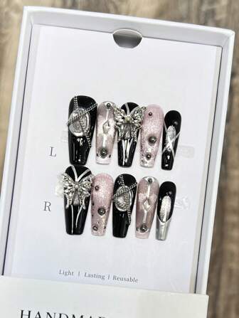 10pcs Pink Black Long Fake Nails With Cat Eyes Reusable Long Lasting Press On Nails For Shopping Traveling Dating