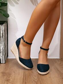 New Vacation Style Closed Toe Wedge Heel Black Sandals Women's Summer Woven High Heels - Navy Blue - View 6