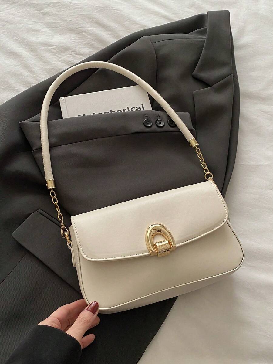 时尚纯色金属装饰多用途腋下单肩包，适合购物、钱包、手提包、年轻女性、大学生、新手、办公室女士。非常适合办公室、大学、工作、商务、通勤、户外活动、旅行和郊游