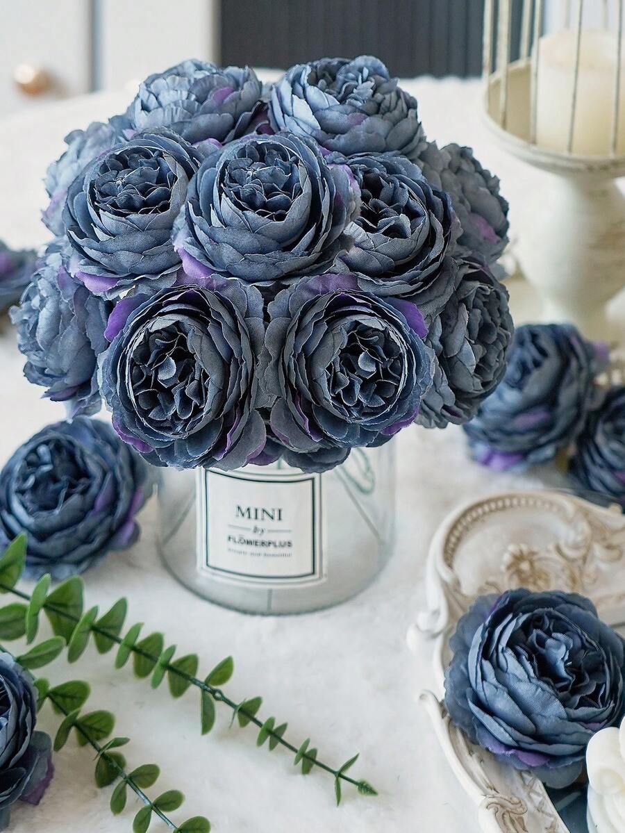 12/24 Stück künstliche Pfingstrosenblumen mit Stielen, geeignet für Hochzeitsfeier-Dekoration, Tortendekoration, Wohnzimmer- und Esstisch-Dekoration, Kunstpflanzen, Herbstdekoration, Raumdekoration, Schreibtischdekoration, Gartendekoration usw. - marineblau - Übersicht 1