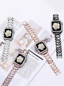 2 pièces/Ensemble Bracelets de montre Apple Bracelet de montre Apple Rose+ Étui de protection pour montre Apple Breloque en métal avec diamants scintillants. Le bracelet et l'étui de protection conviennent aux séries Ultra SE 10/9/8/7/6 5/4/3/2/1 compatibles avec les tailles de bracelets de montre Apple de 38 mm, 40 mm, 41 mm, 42 mm, 44 mm, 45 mm, 49 mm. 2 pièces de remplacement de bracelet de montre en métal avec des strass pour dames