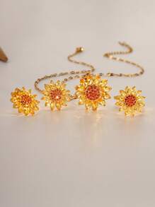 Juego de joyas para mujer de 4 piezas [Aretes, Collar, Anillo] de girasol dorado, material de cobre con circonita, lujoso y de moda, personalizado, adecuado para playa, vacaciones y fiestas de la mujer, regalo de joyería para temporada de graduación