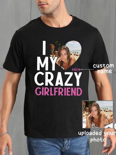 Personlig T-shirt för män för alla hjärtans dag, anpassad foto/text herr-tröja med rund hals, ladda upp ditt foto/parfoto/bild av husdjur, anpassa din text/namn, svart t-shirt, alla hjärtans dag-present, semesterpresent, jubileumspresent, present till Him, kortärmad T-shirt herr