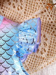 Kleine Mädchen Lässig Kleid mit Puffärmeln, asymmetrischem Meerjungfrauenschuppen-Blumenmuster, Schleife, Mesh und Pailletten Dekor