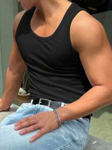 Top canottiera uomo casual vintage con costine, colore unito, stile da strada, sensuale, senza maniche, adatto per primavera/estate