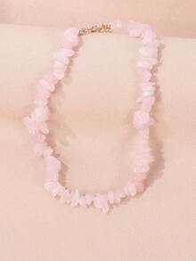 1pc Handmade Natural Agate Stone Beaded Necklace, Pink - Pink - View 1