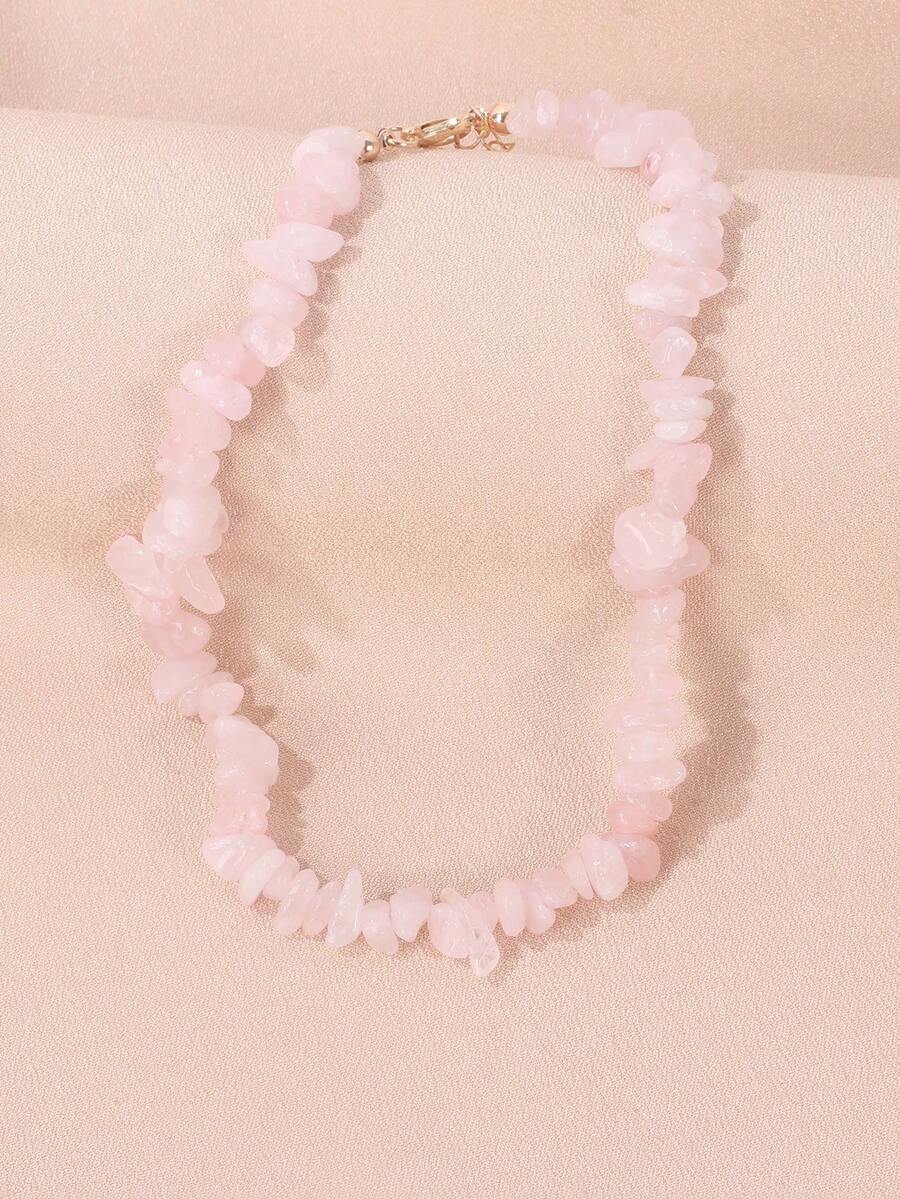 1pc Handmade Natural Agate Stone Beaded Necklace, Pink - Pink - View 1