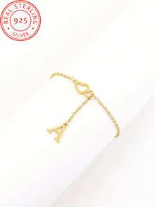 1 Piece 925 Silver Customized Fashionable Classic Hollow Double Heart Initials Anklet. Wear Everyday And On Vacation - Yellow Gold - View 3