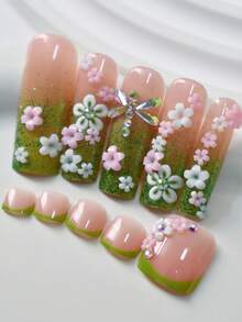 48 件套中号棺材钉方形脚趾甲，粉绿渐变，带有 3D 花卉和蜻蜓闪光装饰，易于按压应用，舒适贴合，持久光泽，包括果冻胶和锉刀，非常适合女性派对、庆祝活动和日常佩戴美甲用品 - 綠色 - 查看 4