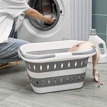Collapsible Plastic Laundry Hamper With Handles - Portable Folding Clothes Basket For Bedroom, Bathroom & Multi-Room Use, White & Gray Rectangular Design With Ventilation Holes, Laundry Basket, Laundry Baskets Folding Dirty Clothes Basket, Household Wall Mount Clothes Storage Basket, Bathroom Laundry Basket, Plastic Large Laundry Basket, Home Organization And Storage Supplies For Bathroom Bedroom Living Room Dorm