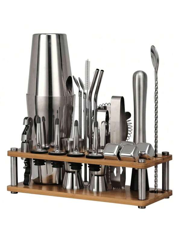 Bartender Kit, 23-Piece Cocktail Shaker Set Bar Tool Set With Bamboo Removable Stand, Party Home Bar Tools Stainless Steel Drink Shaker