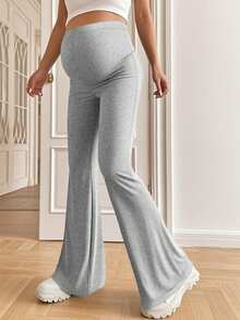 Pantalones de campana de cintura alta elástica de unicolor para mujer, pantalones de maternidad negros - Gris - Ver 2