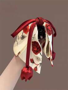 Ellevyn 1个/2个复古优雅新款中国风布艺玫瑰花印花蝴蝶结发夹，郁金香花苞马尾辫，半扎发造型装饰发饰，适合约会、海滩度假、连衣裙、日常出行，波西米亚风优雅复古时尚爪夹夏季 - 彩色 - 查看 7