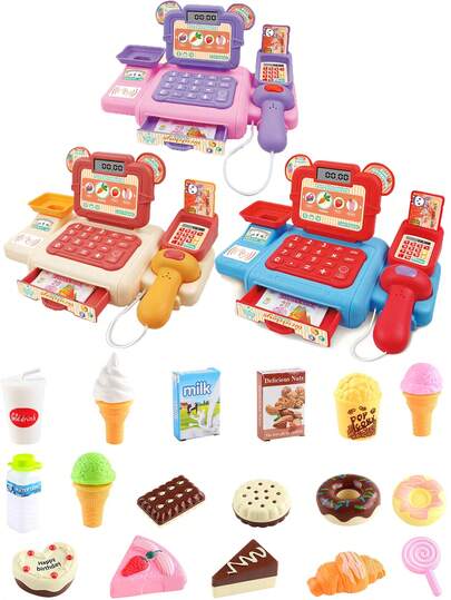 Mini Realistic Cash Register Toy With Scanning Function And Multi-Functional Sound & Light Effects, Supermarket Theme Fruit & Vegetable Basket Set, Ideal Gift For Christmas And Role-Playing