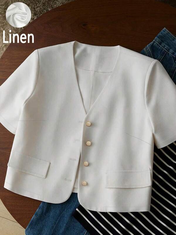 Women Plus Size Linen V-Neck Loose Casual Short Sleeve Jacket