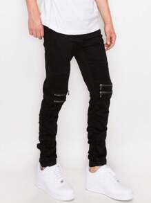 VICTORIOUS Twill Stacked Jogger Pants Zipper Details Five Pocket Stright Fit Stretch Fabric - 黑色 - 查看 3