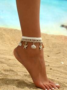 1 件波西米亚风格海星和贝壳装饰编织脚链，适合女性日常佩戴或夏季在海滩佩戴