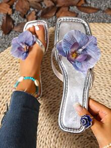 2025大尺碼新款夏季花卉設計平底夾腳涼鞋女款夾腳拖鞋 - 銀色 - 查看 2